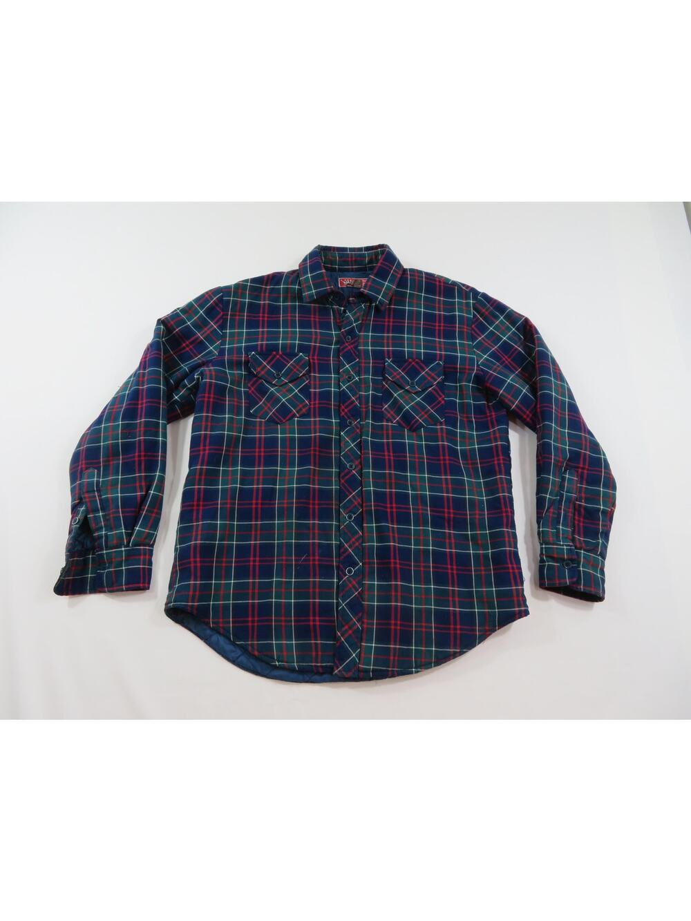 Kings Crown Flannel Shirt Jacket Insulated Quilt-Lined Plaid Blue Green Sz L 90s